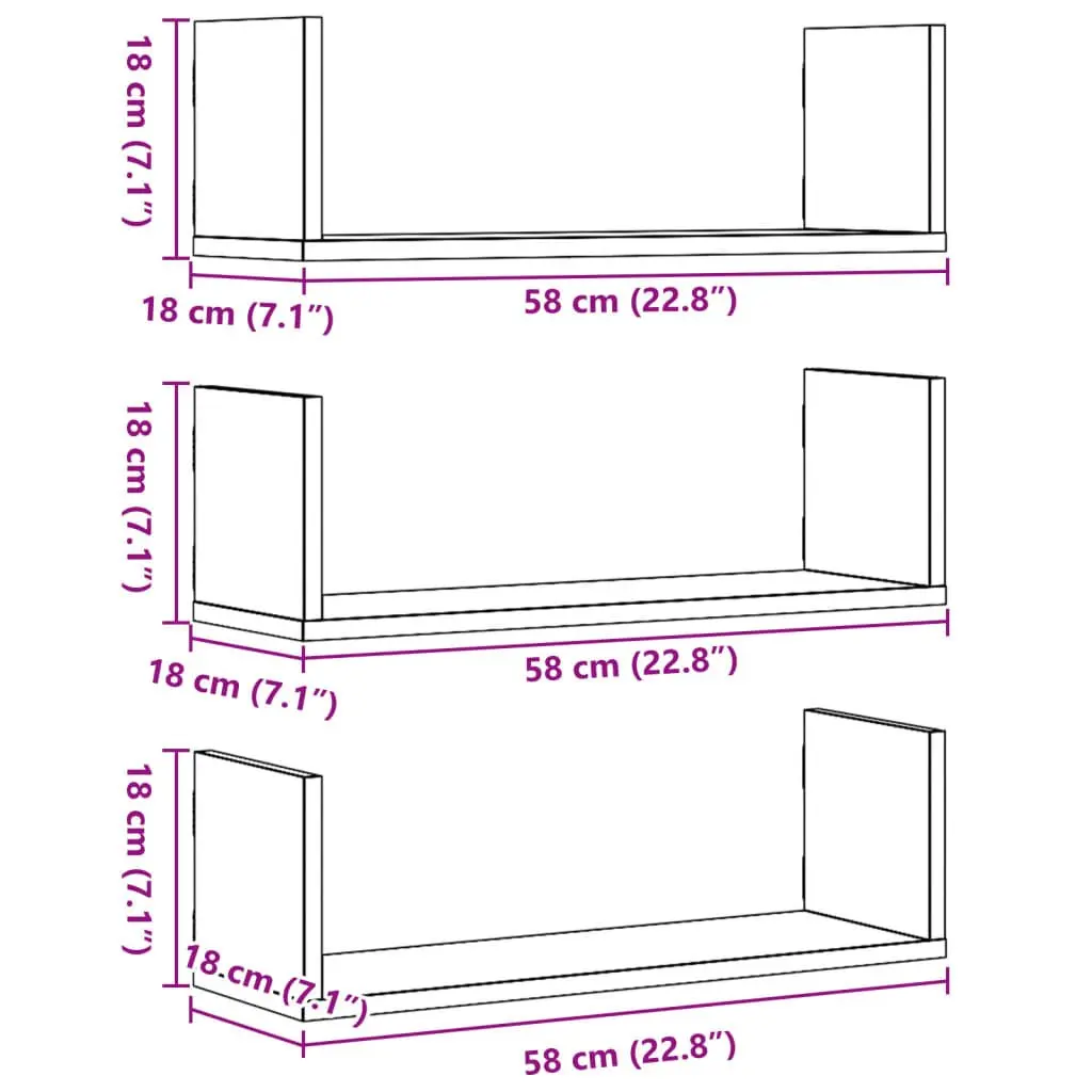 Wall Shelves Floating Storage 58x18x18 cm White 3 Piece Engineered Wood Display