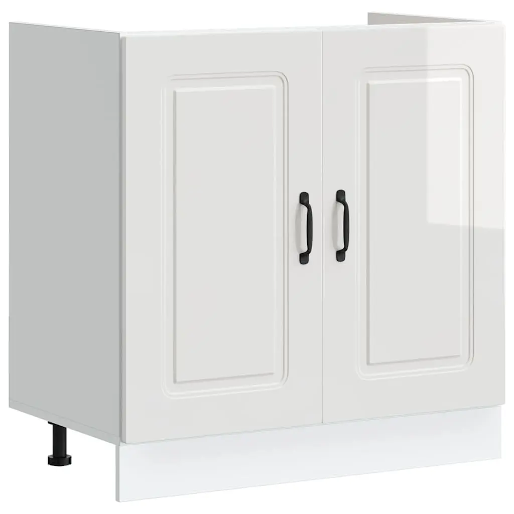 Sink Base Cabinet Kitchen Storage Unit White High Gloss Engineered Wood 80W x 46D x 81.5H cm