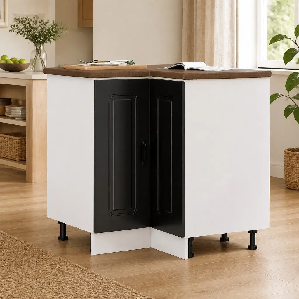 Kitchen Corner Base Cabinet Black Engineered Wood Storage Cupboard