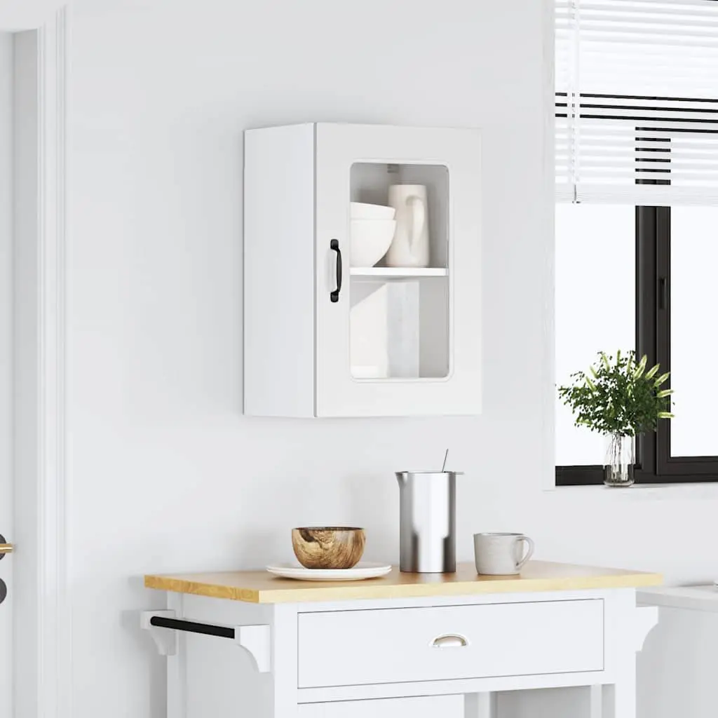 Kitchen Wall Cabinet Glass Door White Engineered Wood Storage Organizer
