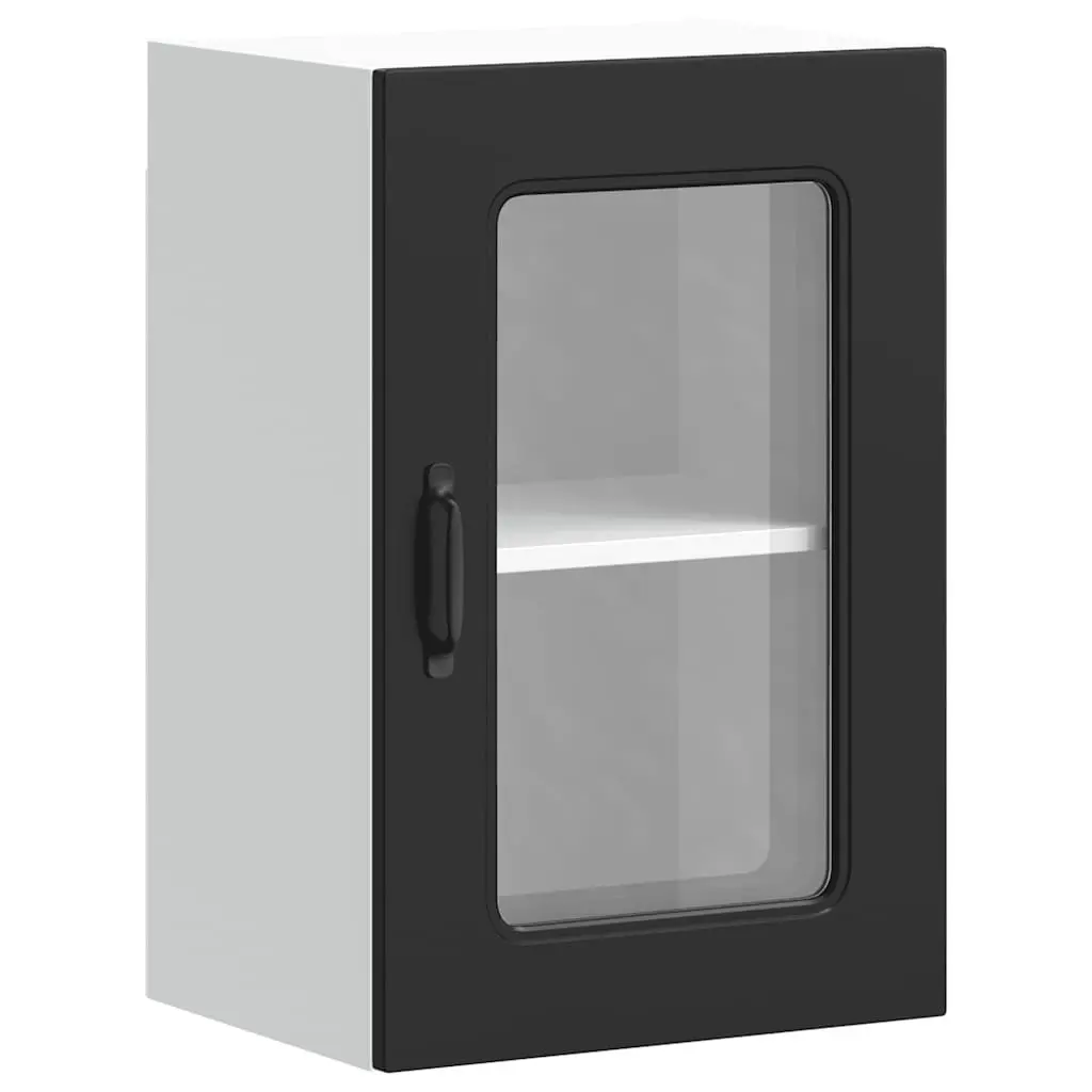 Kitchen Wall Cabinet Glass Door Storage Black Engineered Wood Organizer