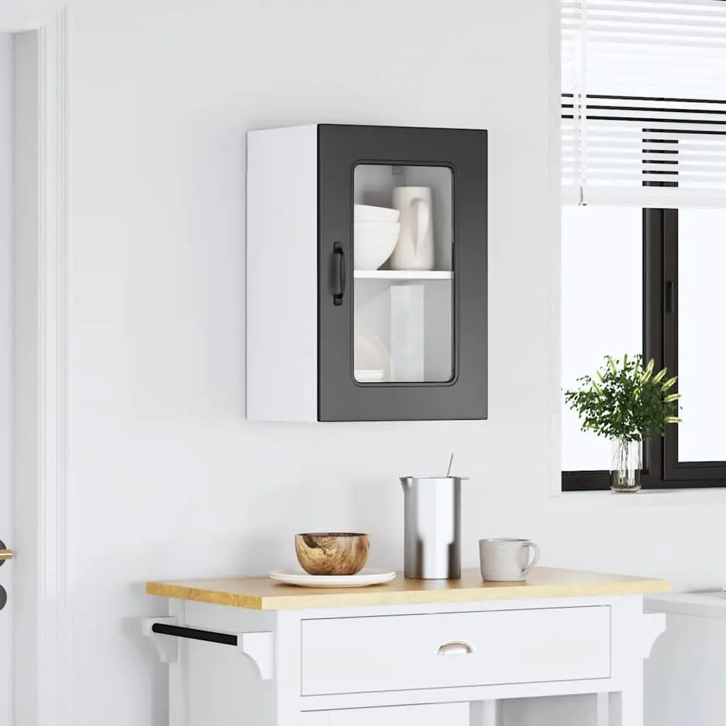 Kitchen Wall Cabinet Glass Door Storage Black Engineered Wood Organizer
