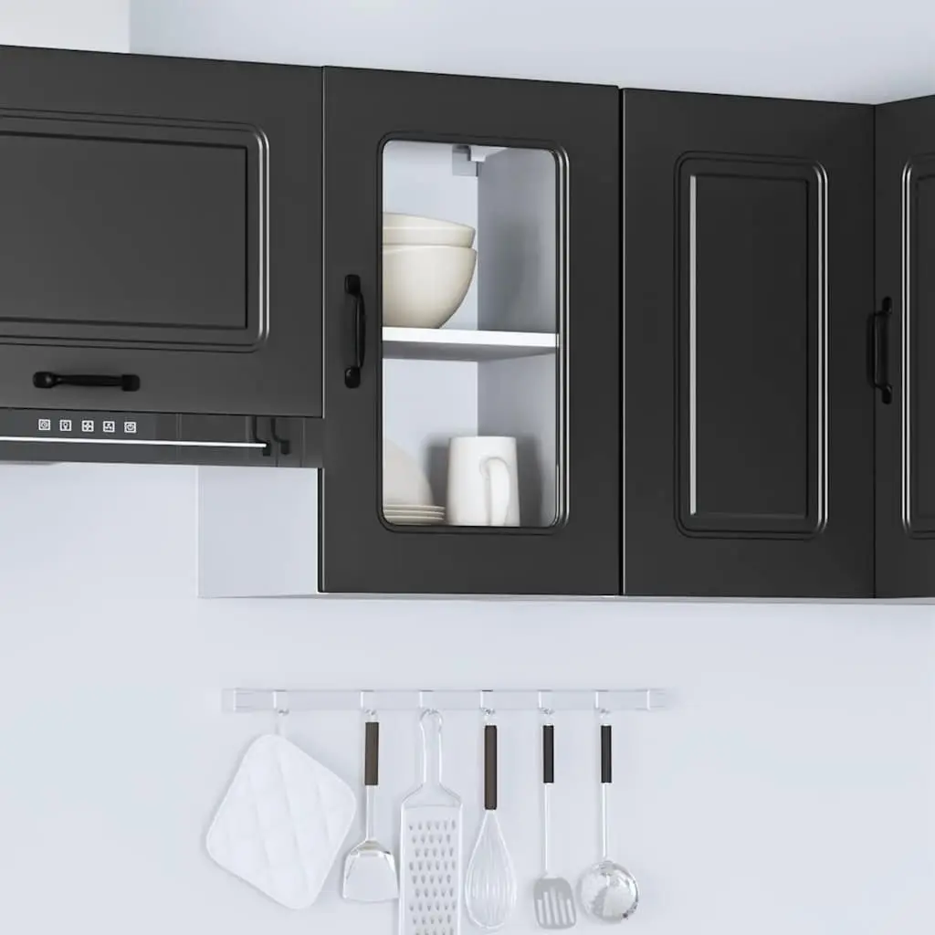 Kitchen Wall Cabinet Glass Door Storage Black Engineered Wood Organizer