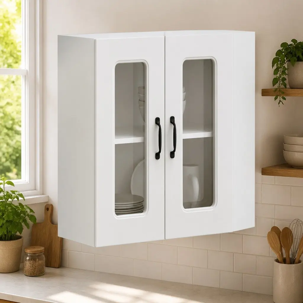 Kitchen Cabinet Wall-Mounted Storage Unit Glass Door White Engineered Wood