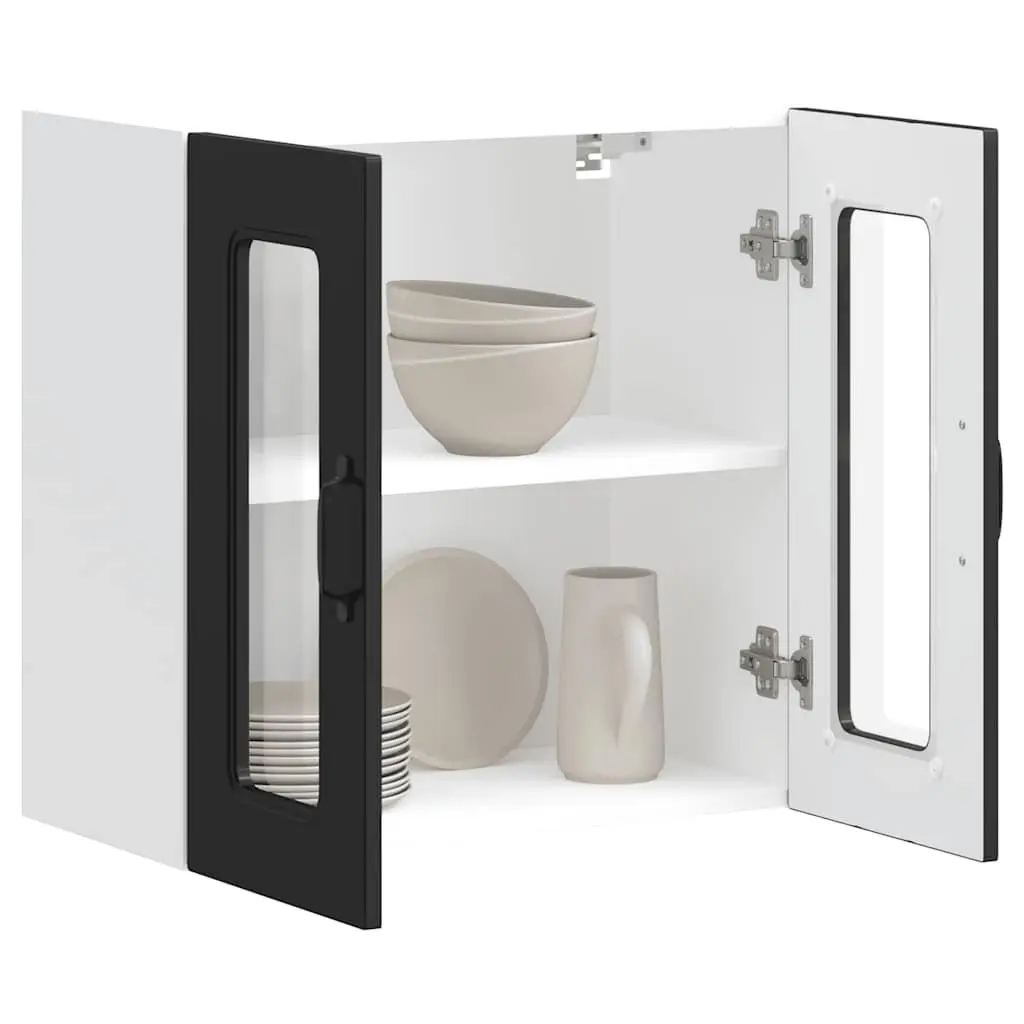 Kitchen Wall Cabinet Glass Door Black Engineered Wood Wall-Mounted Storage Unit