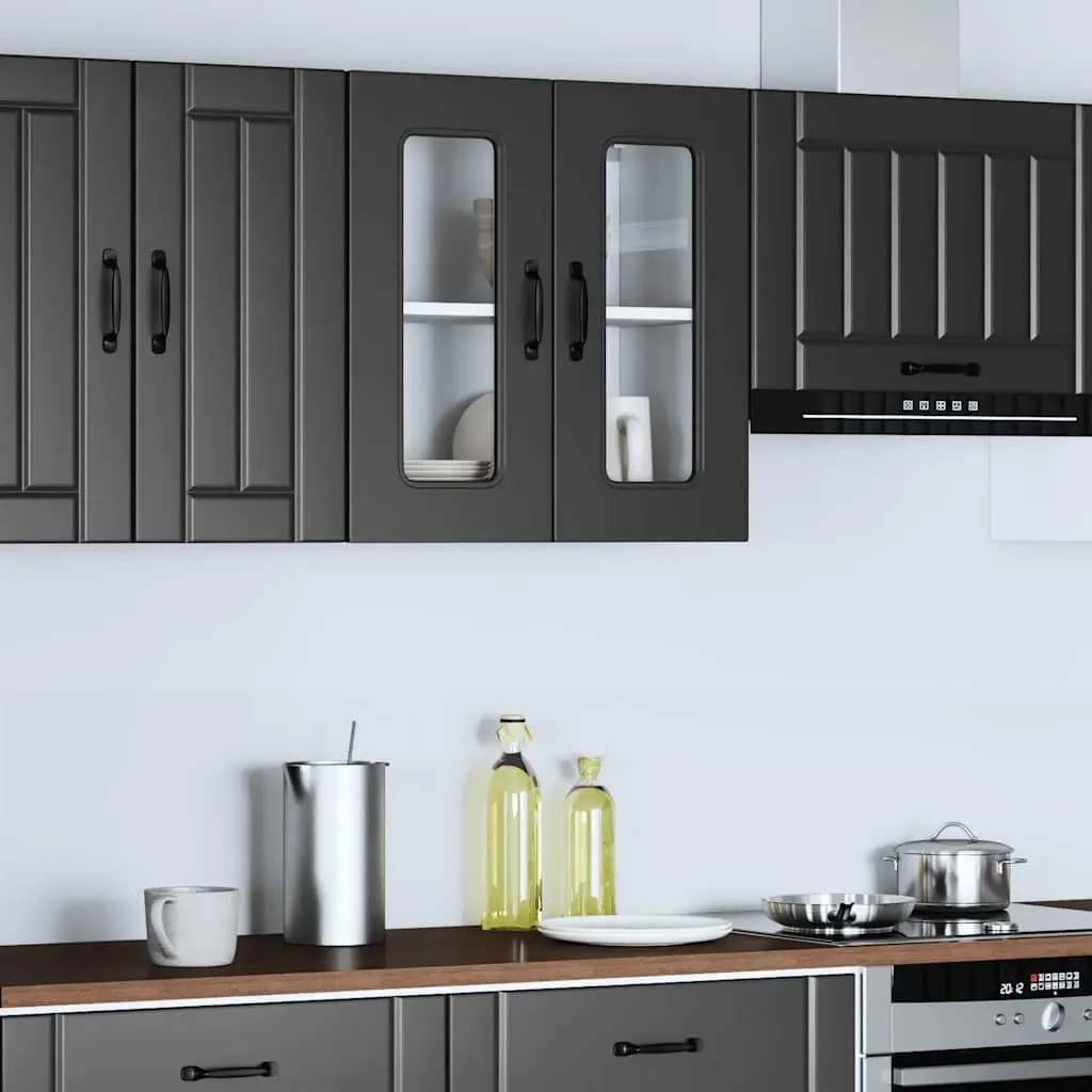 Kitchen Wall Cabinet Glass Door Black Engineered Wood Wall-Mounted Storage Unit