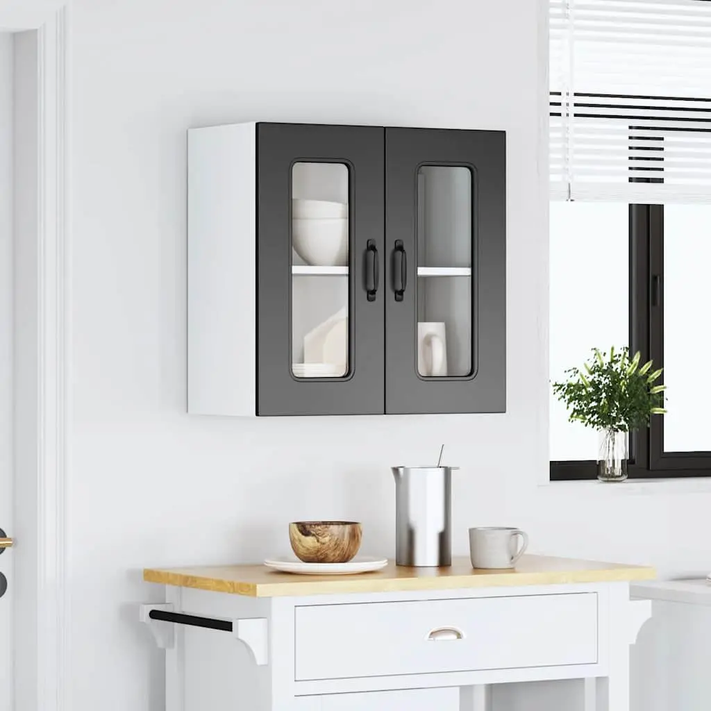 Kitchen Wall Cabinet Glass Door Black Engineered Wood Wall-Mounted Storage Unit