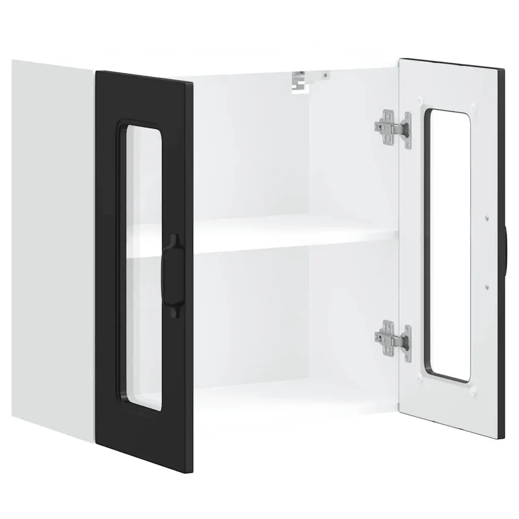 Kitchen Wall Cabinet Glass Door Black Engineered Wood Wall-Mounted Storage Unit