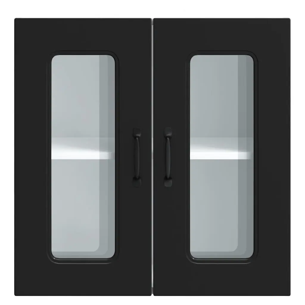 Kitchen Wall Cabinet Glass Door Black Engineered Wood Wall-Mounted Storage Unit