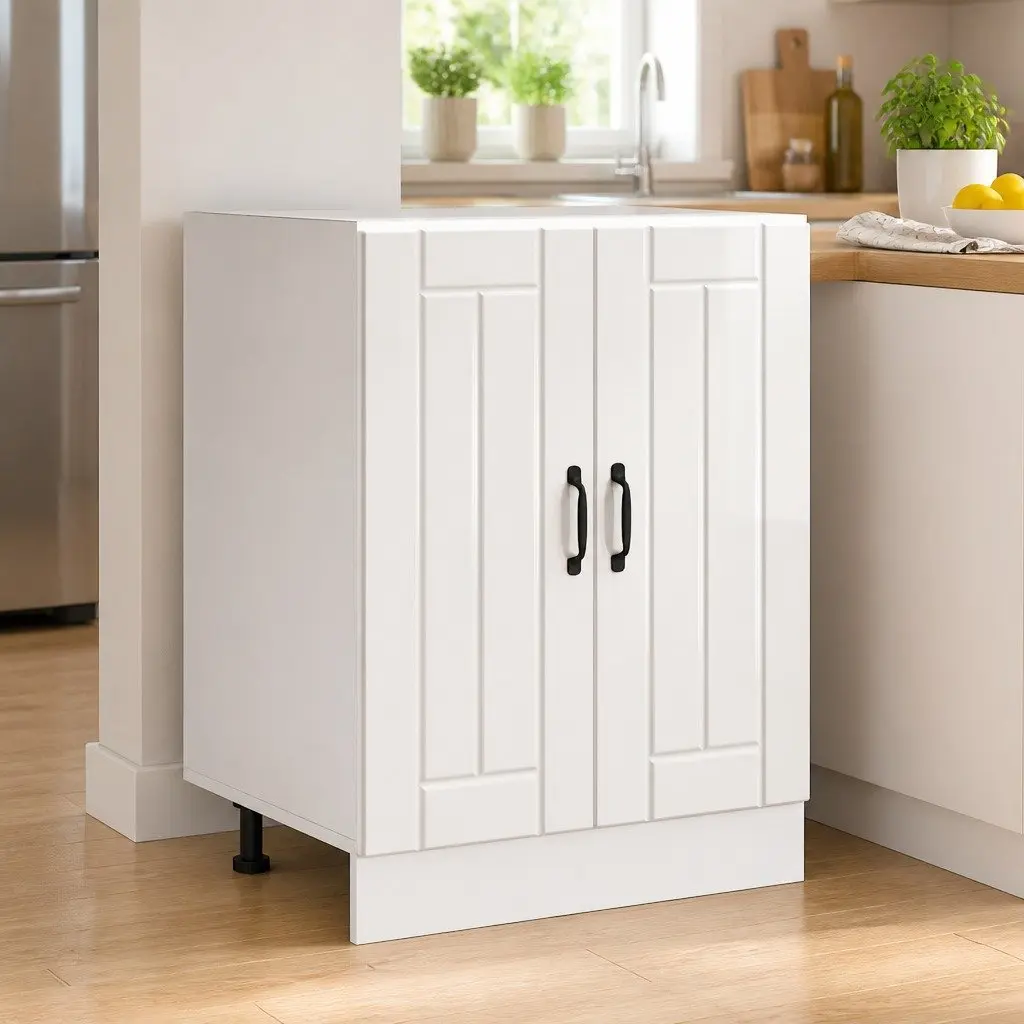 White Engineered Wood Sink Base Cabinet High Gloss Kitchen Storage Cupboard