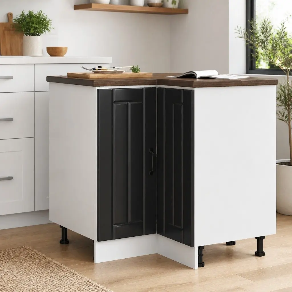 Kitchen Corner Base Cabinet Black Engineered Wood Storage Cupboard Unit