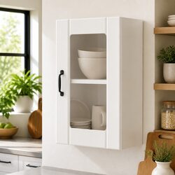 Kitchen Wall Cabinet Glass Door White Storage Cupboard Wall-Mounted Organiser