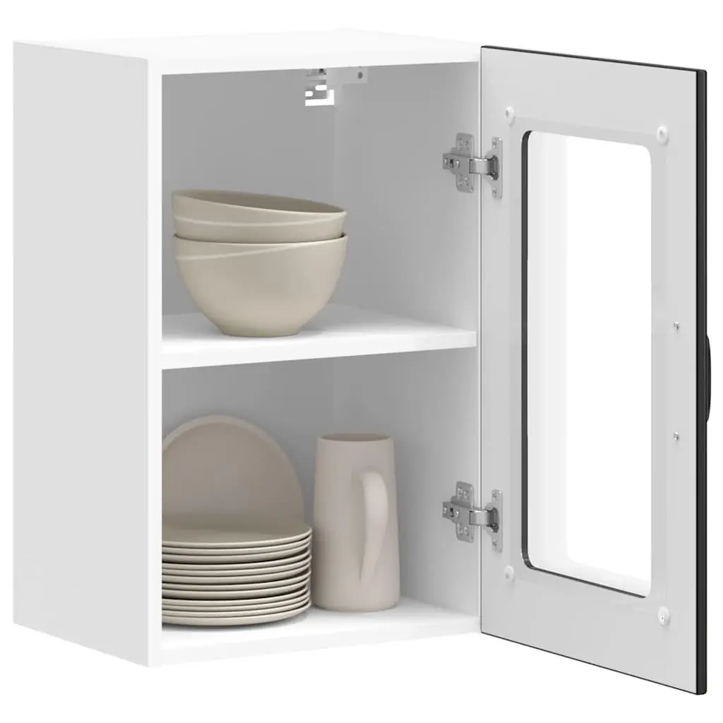 Kitchen Wall Cabinet Glass Door Black Engineered Wood Wall-Mounted Storage