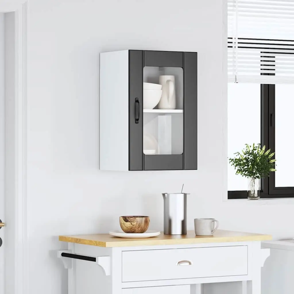 Kitchen Wall Cabinet Glass Door Black Engineered Wood Wall-Mounted Storage