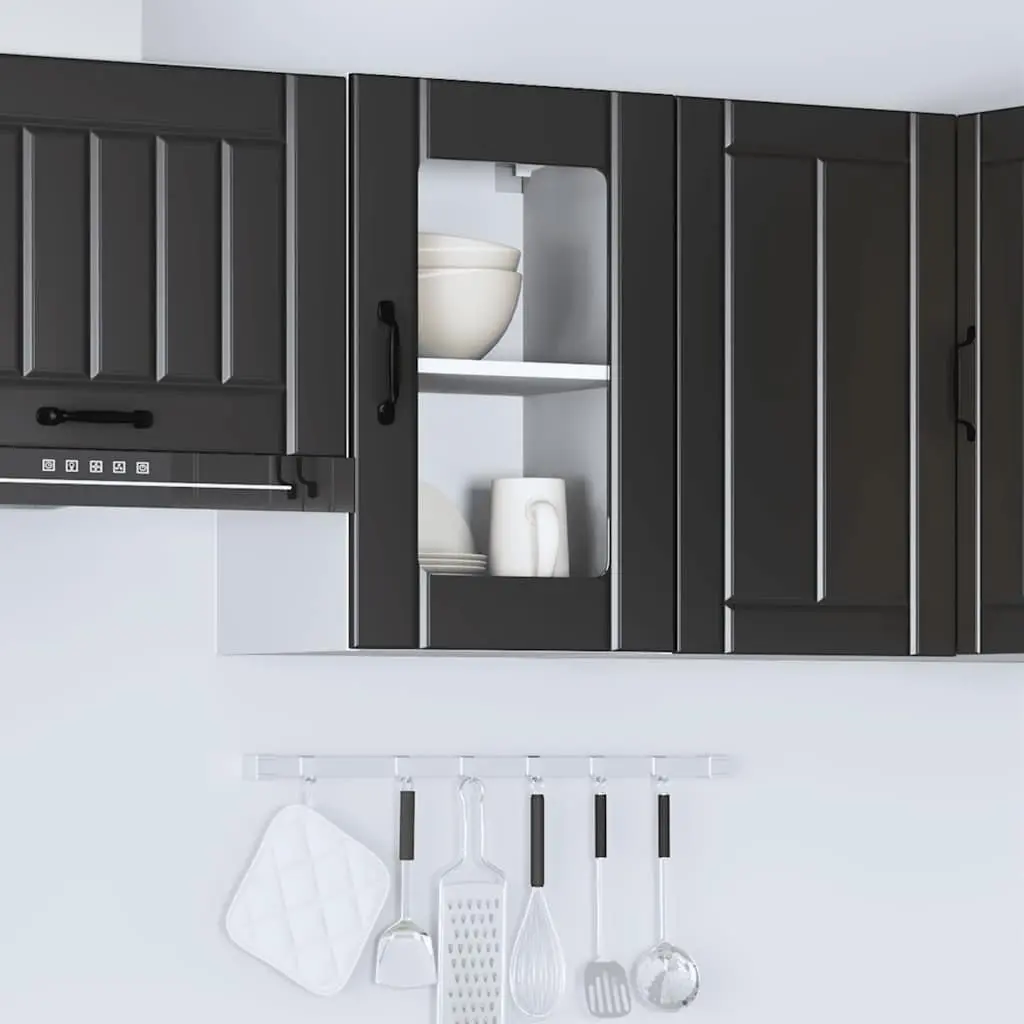 Kitchen Wall Cabinet Glass Door Black Engineered Wood Wall-Mounted Storage