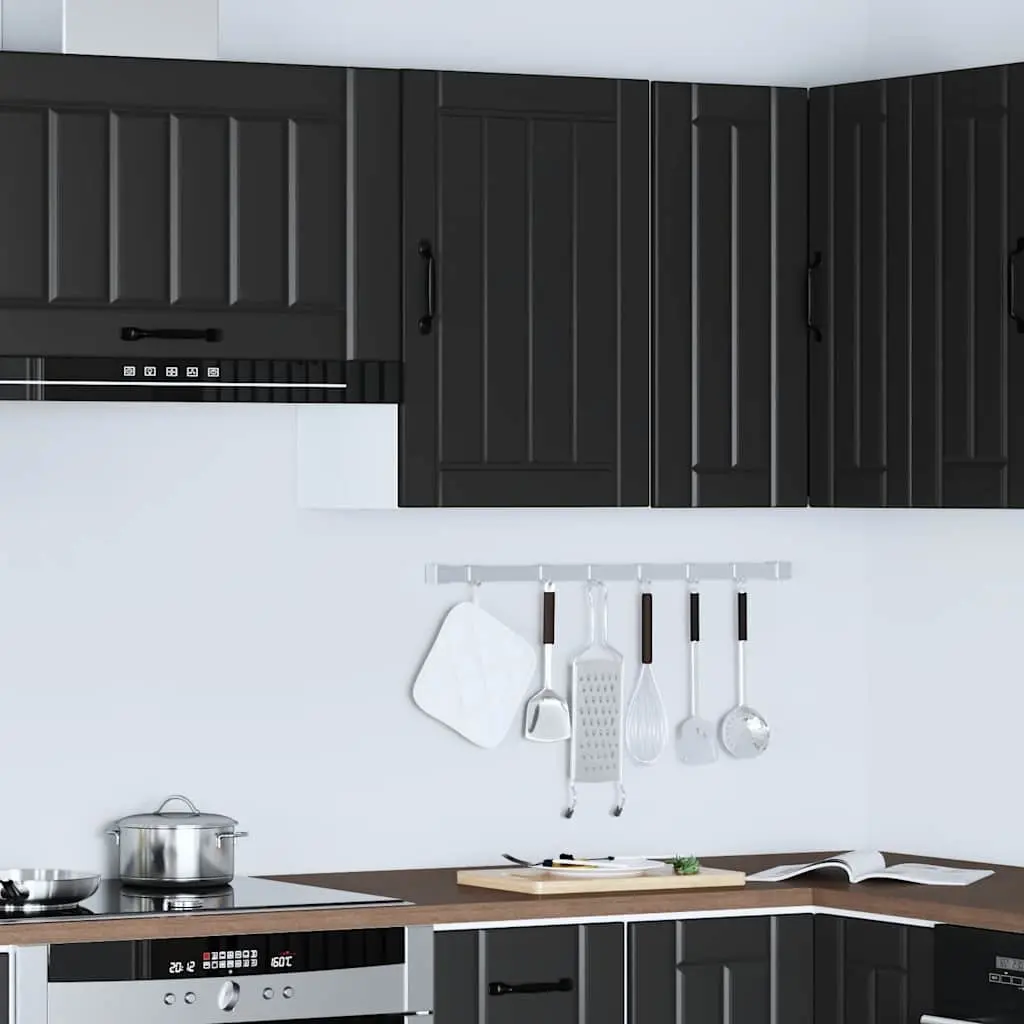 Kitchen Wall Cabinet Black Engineered Wood Glass Door Mounted Storage Shelves