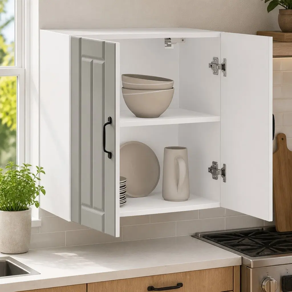 Wall-Mounted Kitchen Cabinet White Engineered Wood Storage with Glass Door