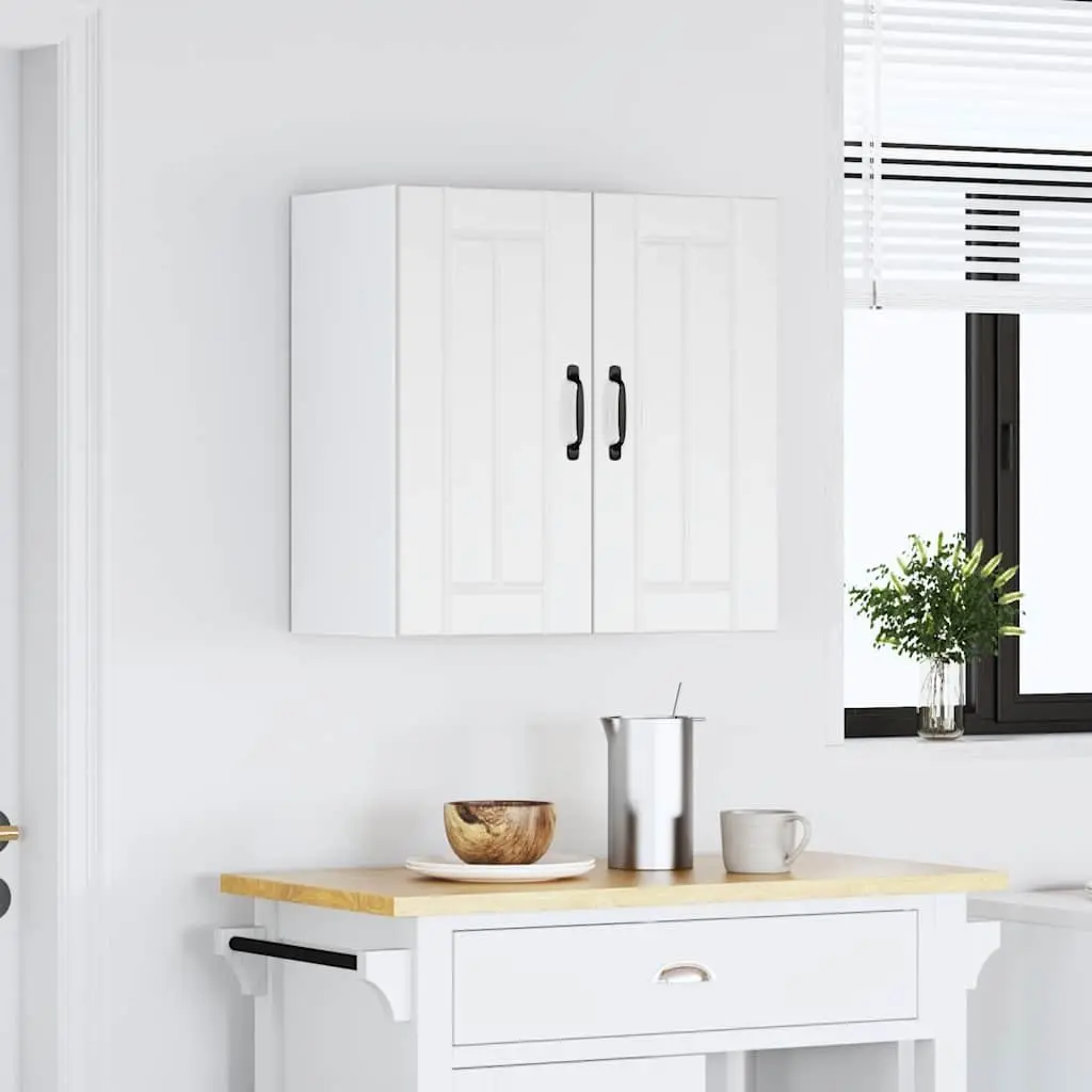 Wall-Mounted Kitchen Cabinet White Engineered Wood Storage with Glass Door