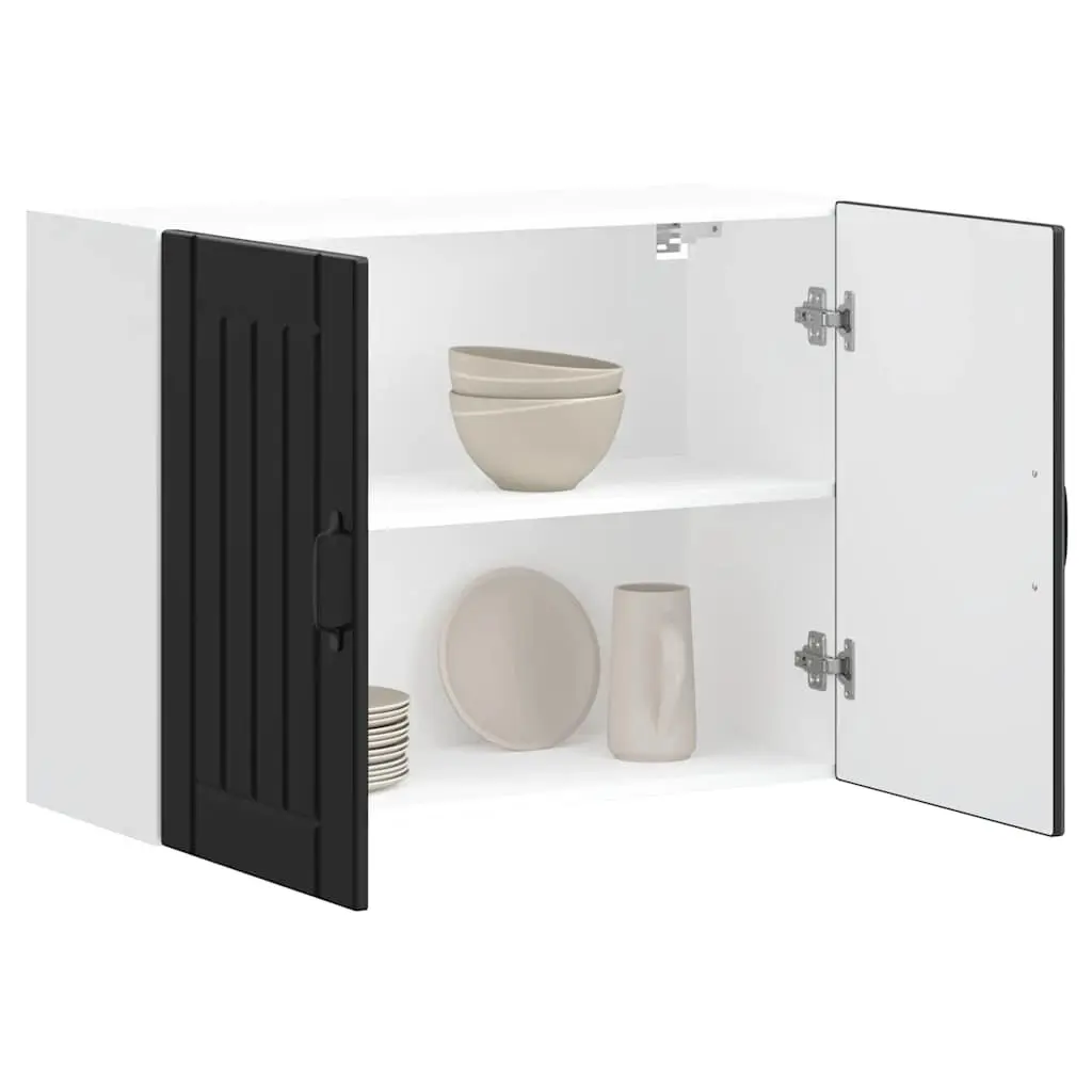 Kitchen Wall Cabinet Black Engineered Wood Glass Door Wall-Mounted Storage