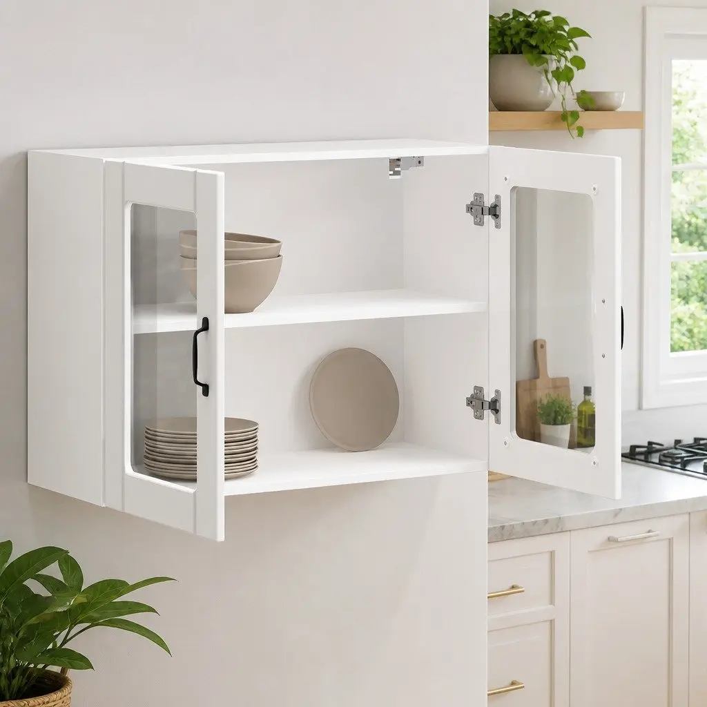 Kitchen Wall Cabinet Glass Door White Engineered Wood Storage Organiser