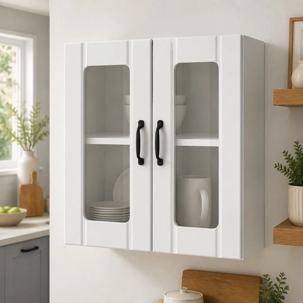 Kitchen Cabinet Wall-Mounted Storage Glass Door White Engineered Wood