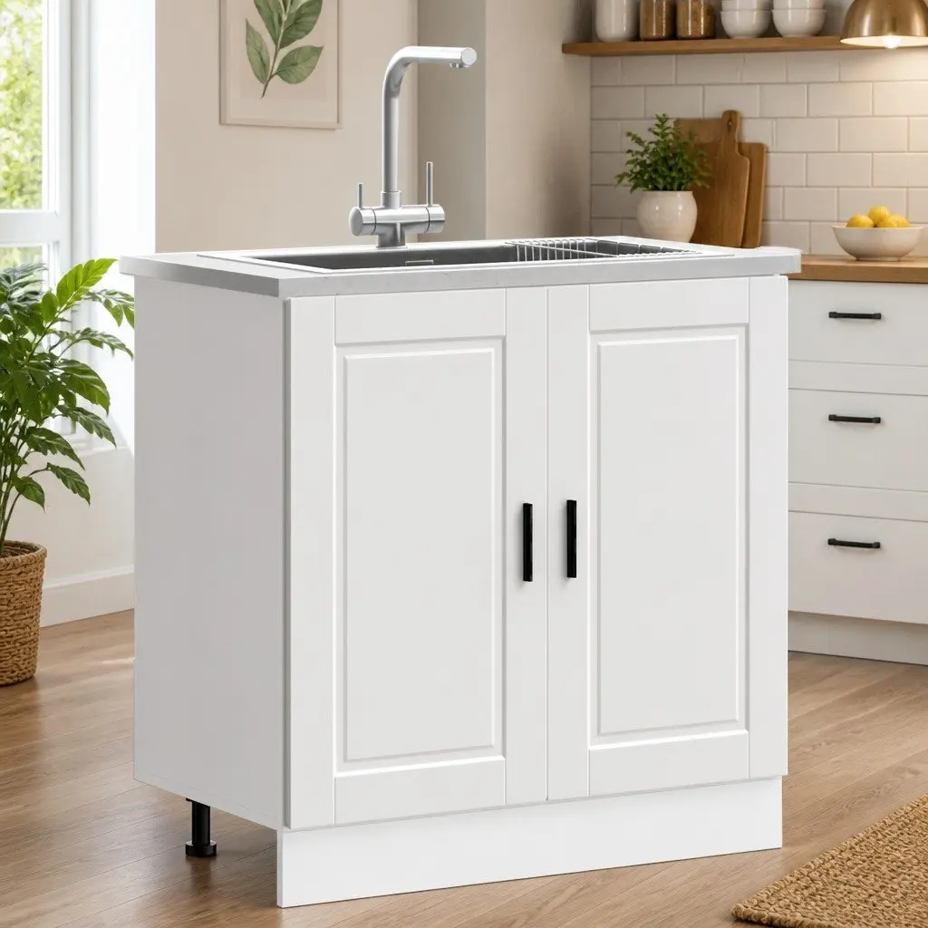 Sink Base Cabinet Kitchen Storage 80W x 46D x 81.5H cm White Engineered Wood