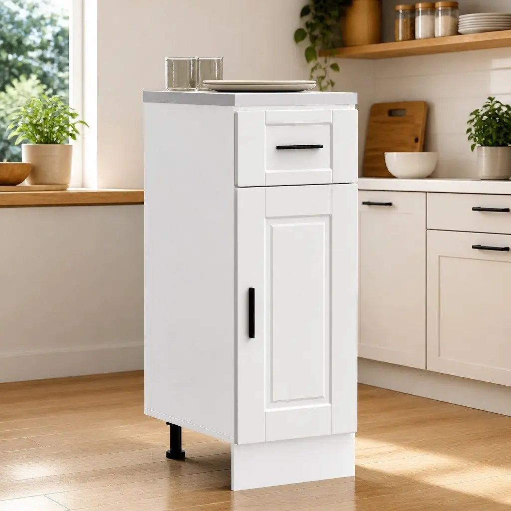 Kitchen Base Cabinet White Engineered Wood Storage Cupboard with Adjustable Feet