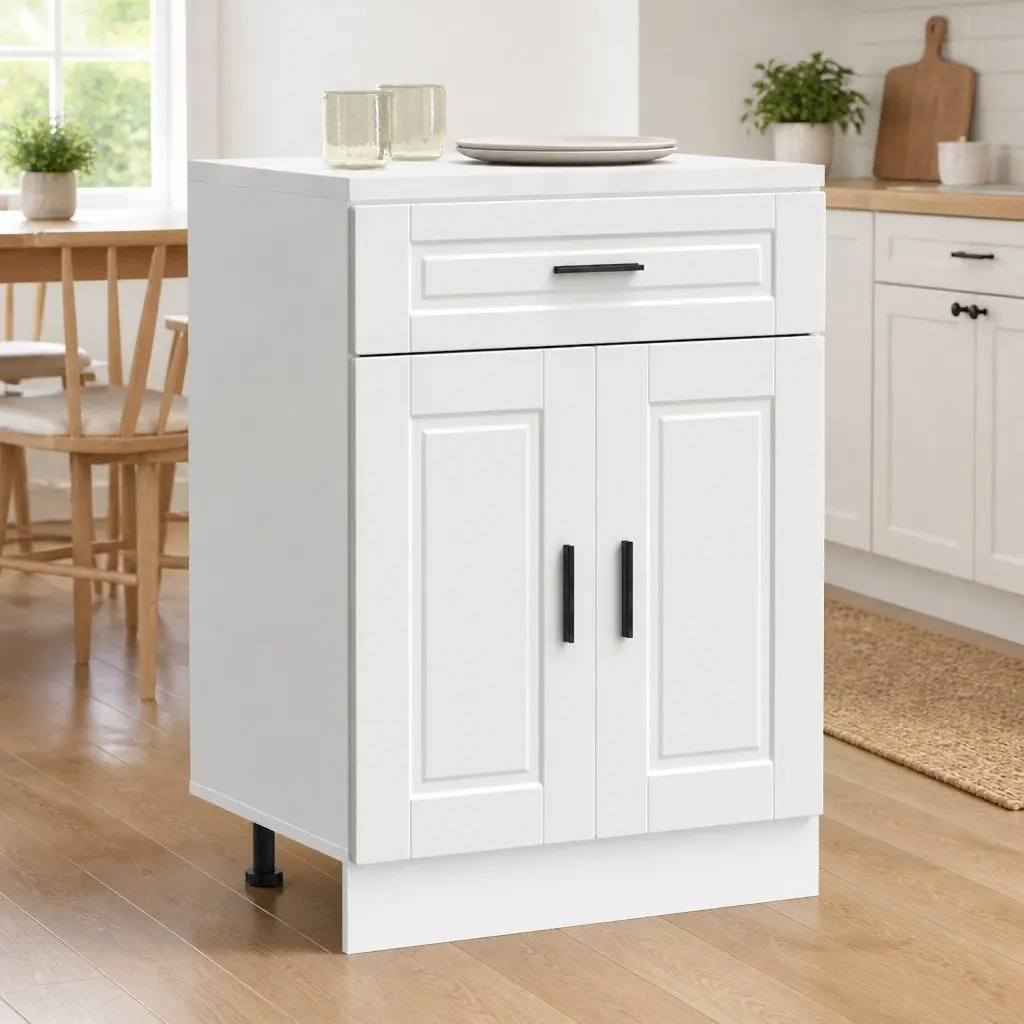 Kitchen Base Cabinet White Engineered Wood Storage Cupboard with Adjustable Feet