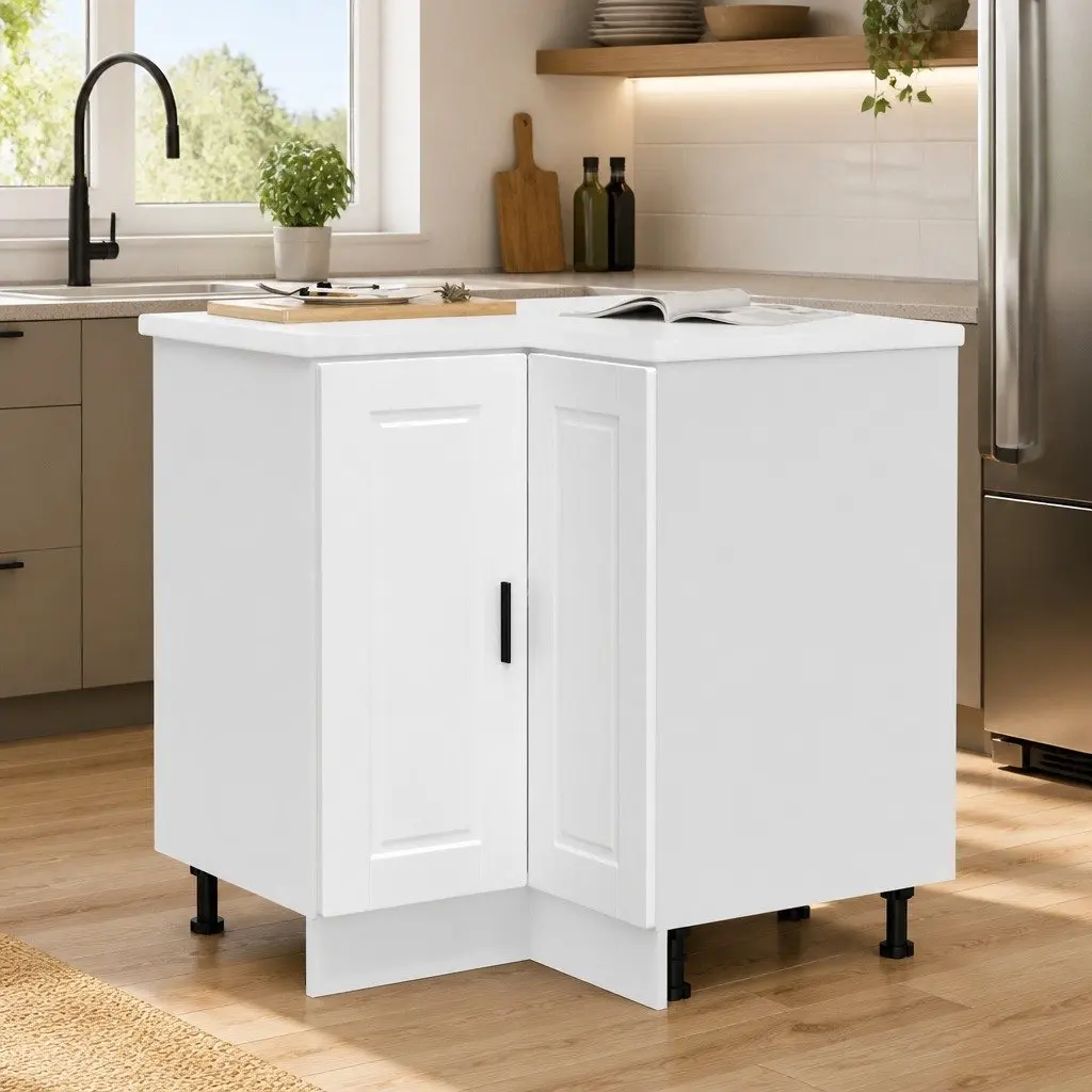 Kitchen Corner Base Cabinet Storage Organizer White Engineered Wood