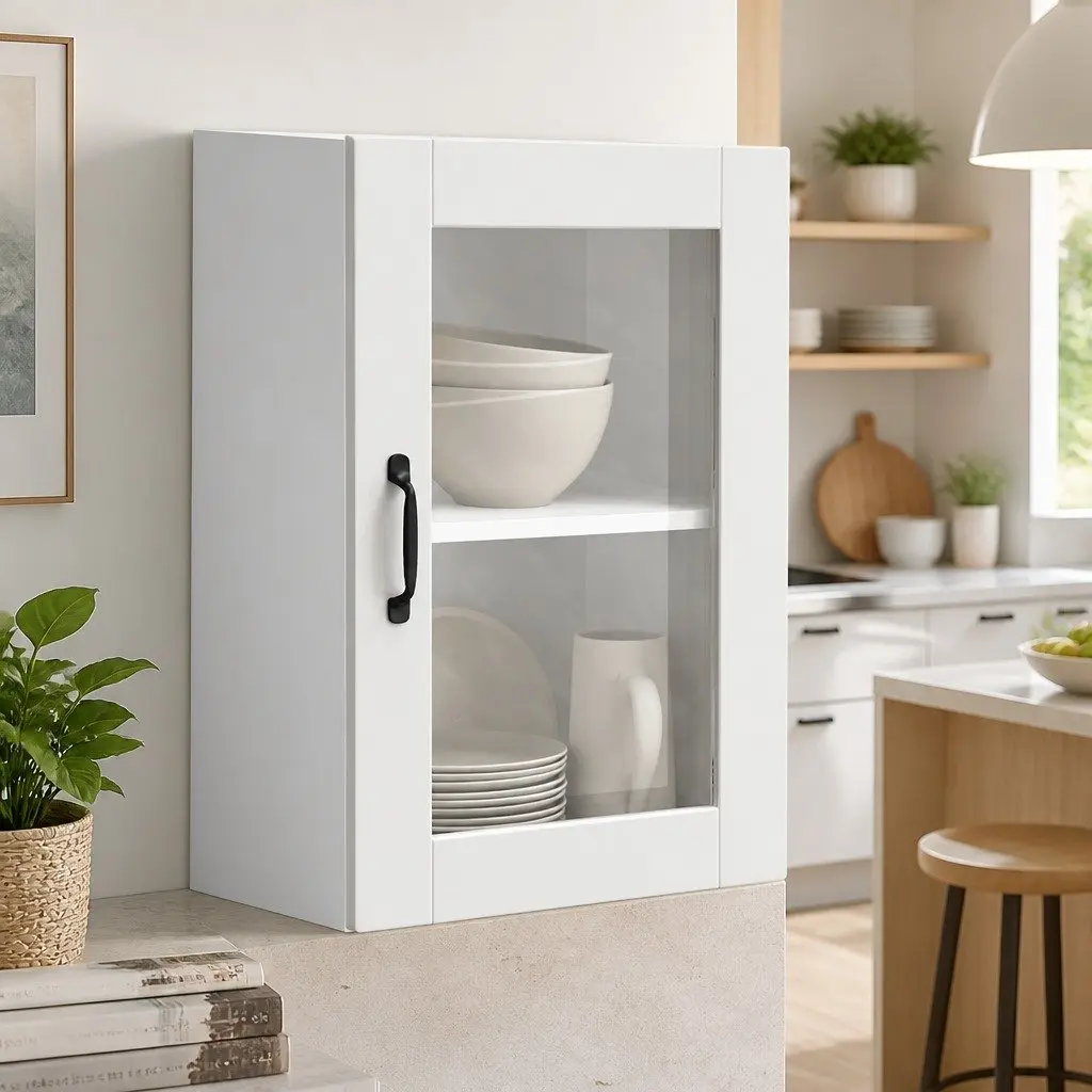 Kitchen Wall Cabinet Storage Unit Glass Door White Mounted