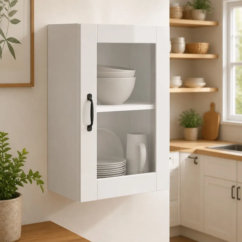 Kitchen Wall Cabinet Storage Glass Door White High Gloss Mounted
