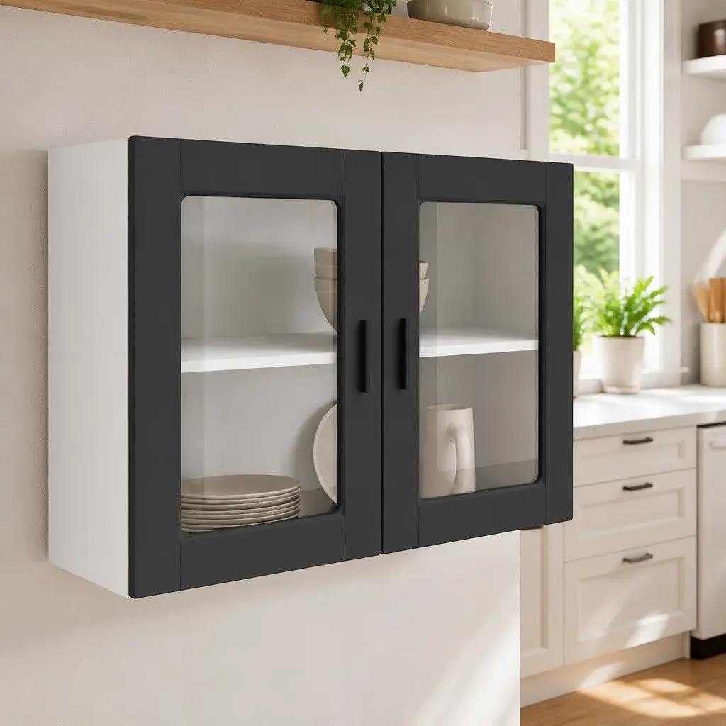 Kitchen Wall Cabinet Storage Unit Wall-Mounted Black Glass Door