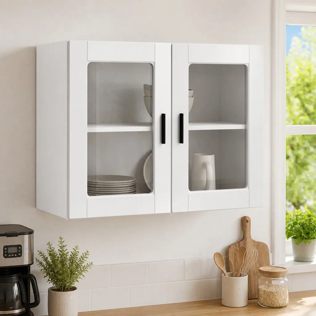 Kitchen Wall Cabinet Glass Door Storage Cupboard Wall-Mounted White High Gloss