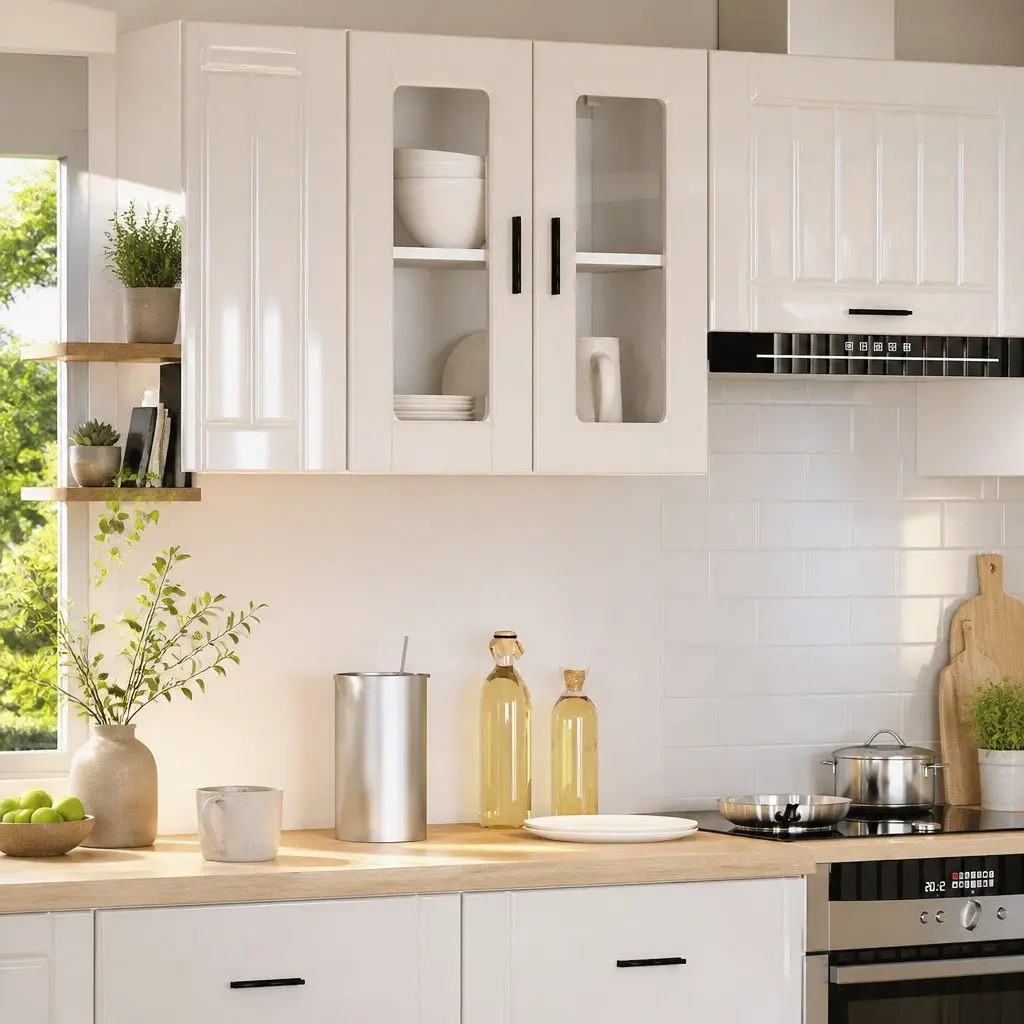 Kitchen Cabinet Wall-Mounted Storage Unit White High Gloss Glass Door