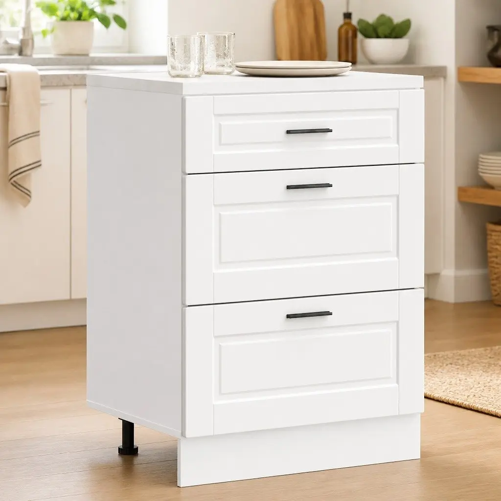 Kitchen Base Cabinet White Engineered Wood Storage Cupboard with Adjustable Feet