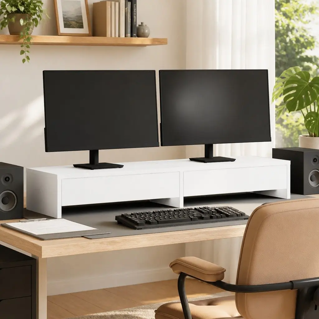 Monitor Stand Computer Riser White Engineered Wood 2 Drawers Desk Organizer