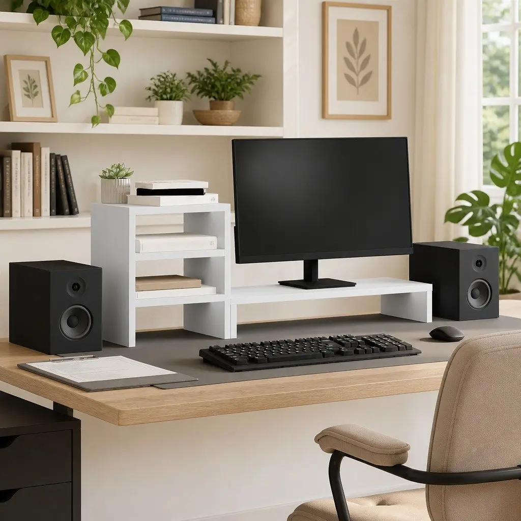 Monitor Stand Desk Organiser White Engineered Wood