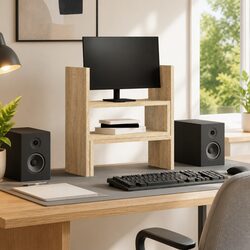 Desk Organiser Adjustable Two Piece Shelf Rack Storage Brown Computer Riser