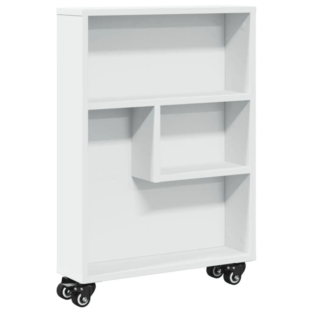 Narrow Storage Trolley White Rolling Cart Engineered Wood Shelving Unit Mobile 48x13x68cm