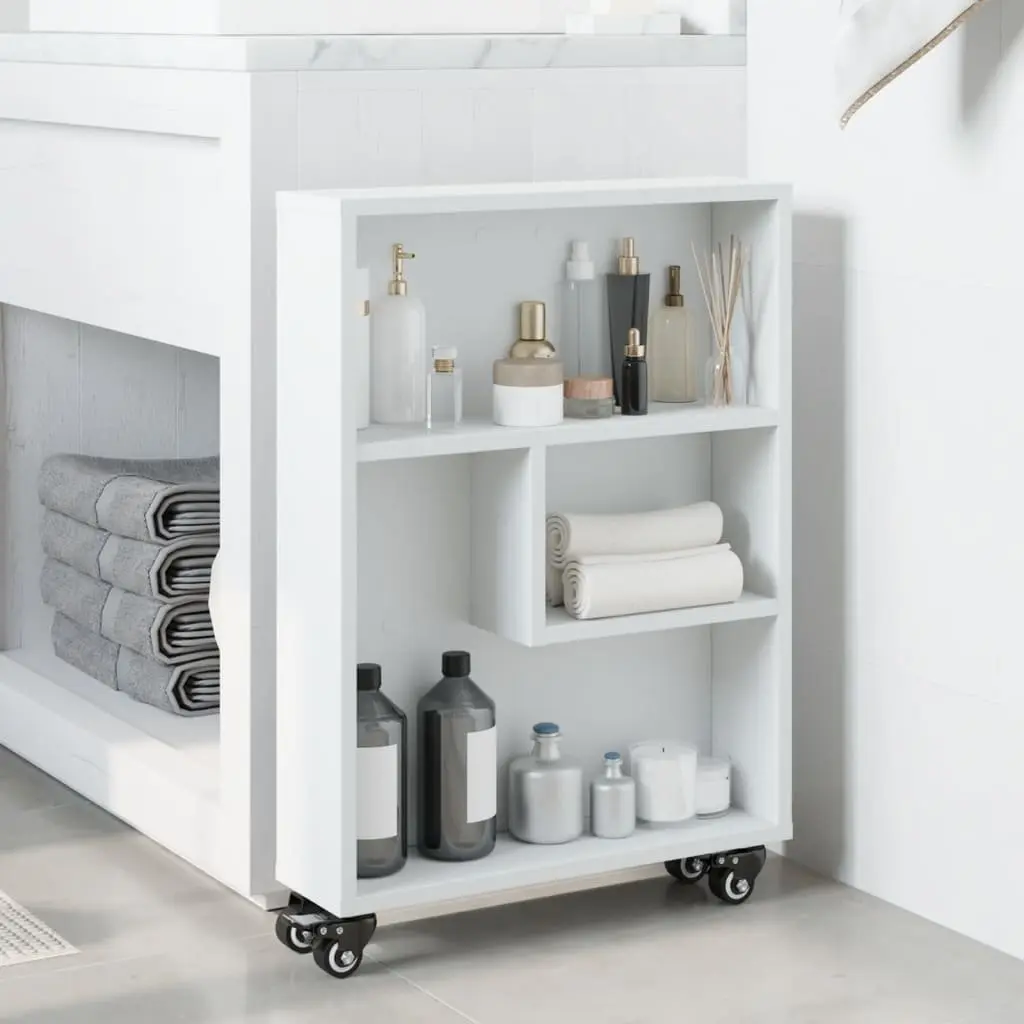 Narrow Storage Trolley White Rolling Cart Engineered Wood Shelving Unit Mobile 48x13x68cm