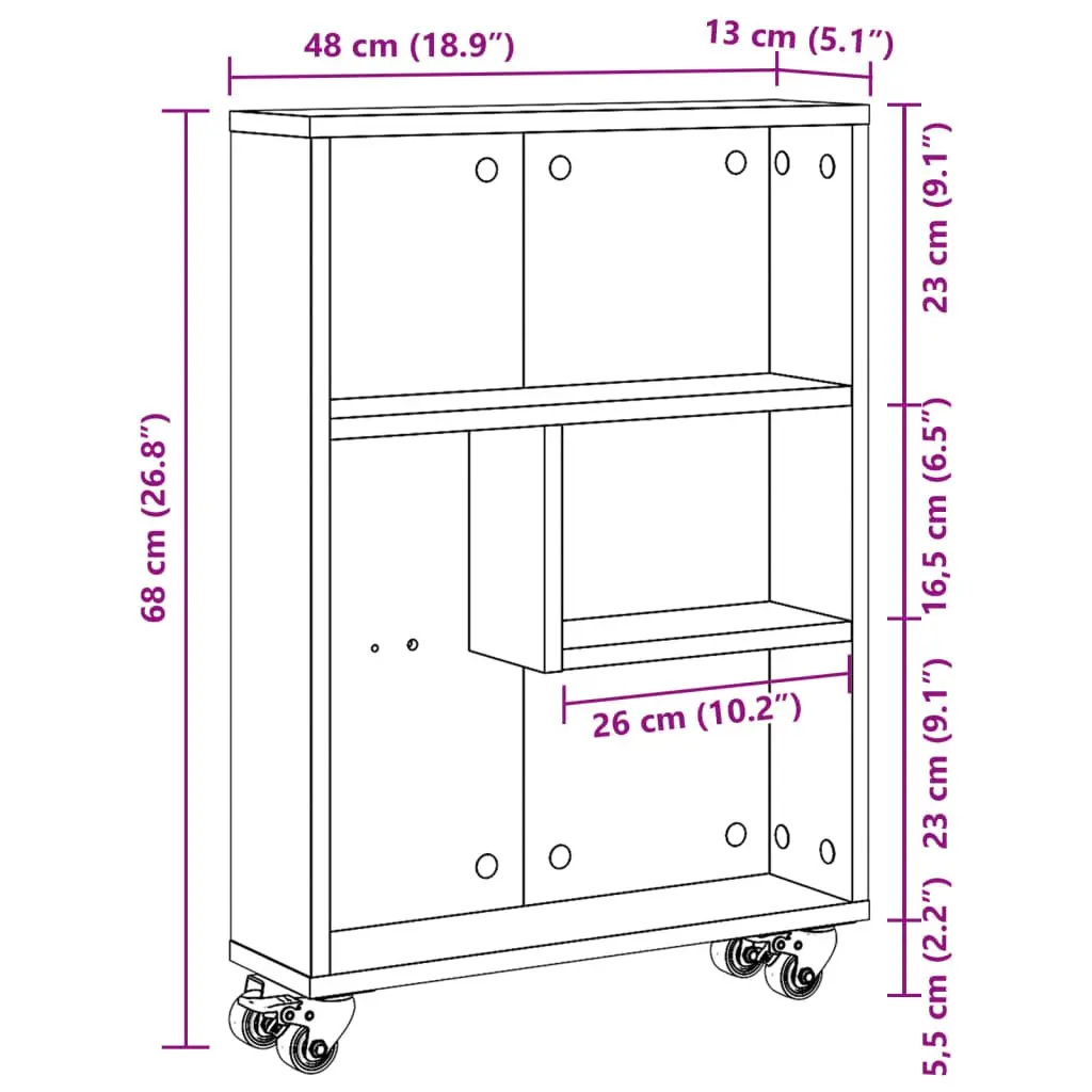 Narrow Storage Trolley White Rolling Cart Engineered Wood Shelving Unit Mobile 48x13x68cm