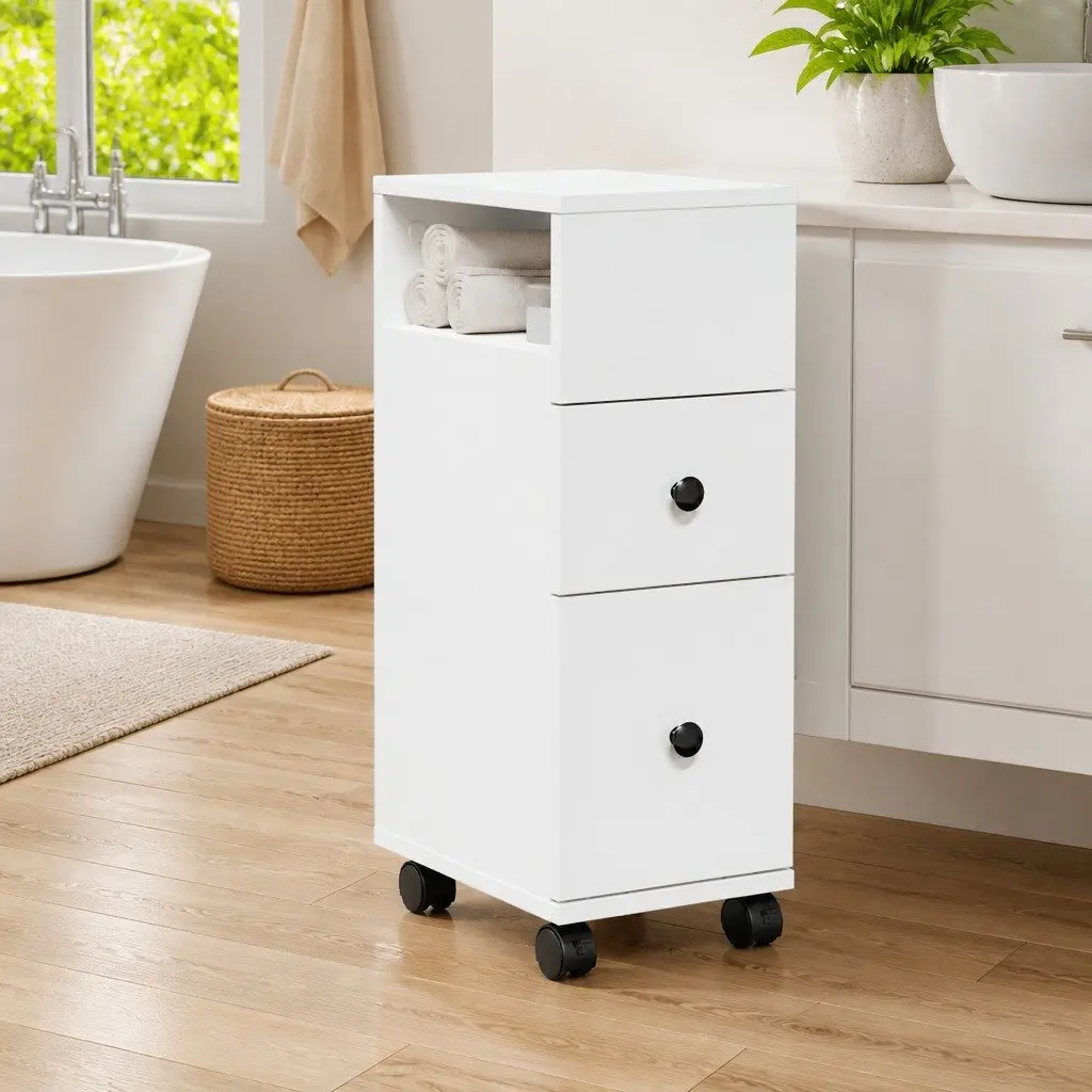 Narrow White Storage Cabinet on Wheels Engineered Wood for Bathroom Kitchen Living Room