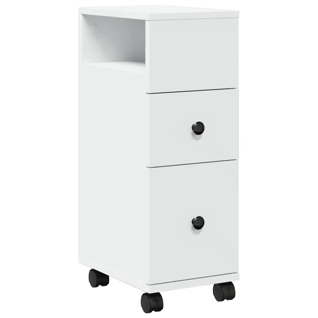 Narrow White Storage Cabinet on Wheels Engineered Wood for Bathroom Kitchen Living Room