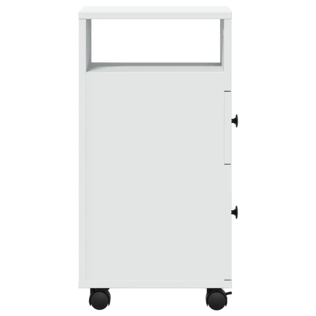 Narrow White Storage Cabinet on Wheels Engineered Wood for Bathroom Kitchen Living Room
