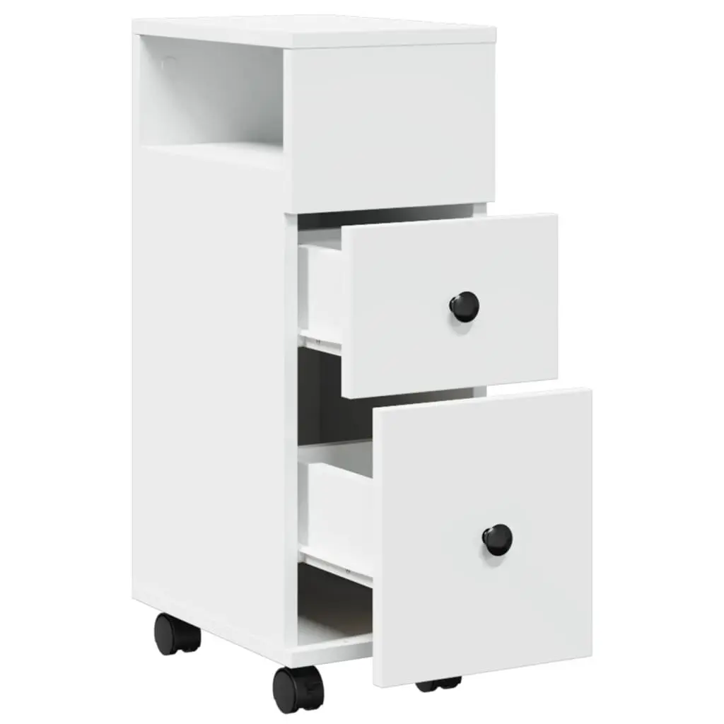 Narrow White Storage Cabinet on Wheels Engineered Wood for Bathroom Kitchen Living Room