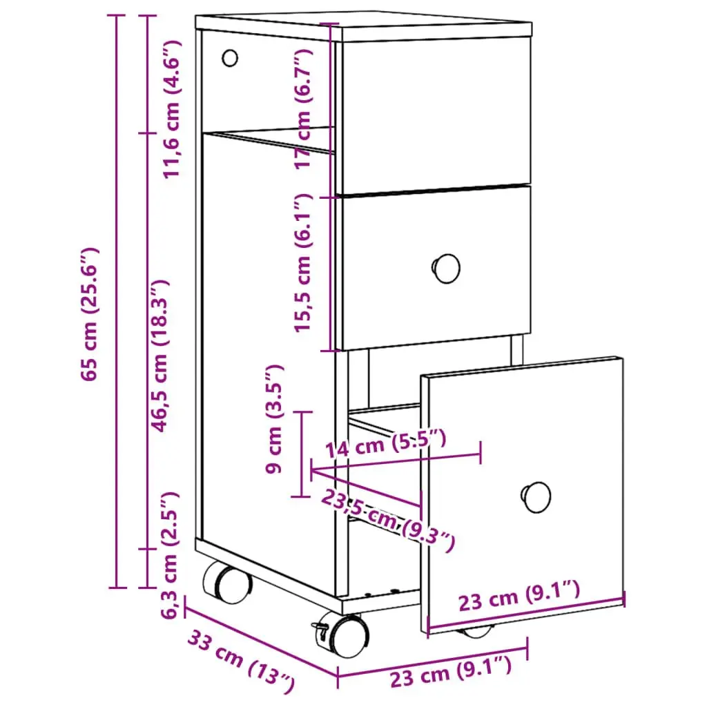 Narrow White Storage Cabinet on Wheels Engineered Wood for Bathroom Kitchen Living Room