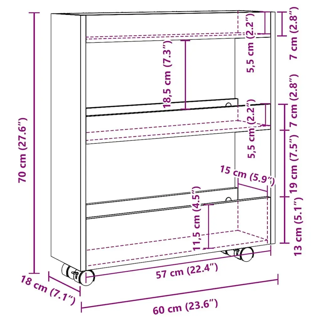 Narrow Storage Trolley 3 Tier Kitchen Cart White Rolling Swivel Wheels