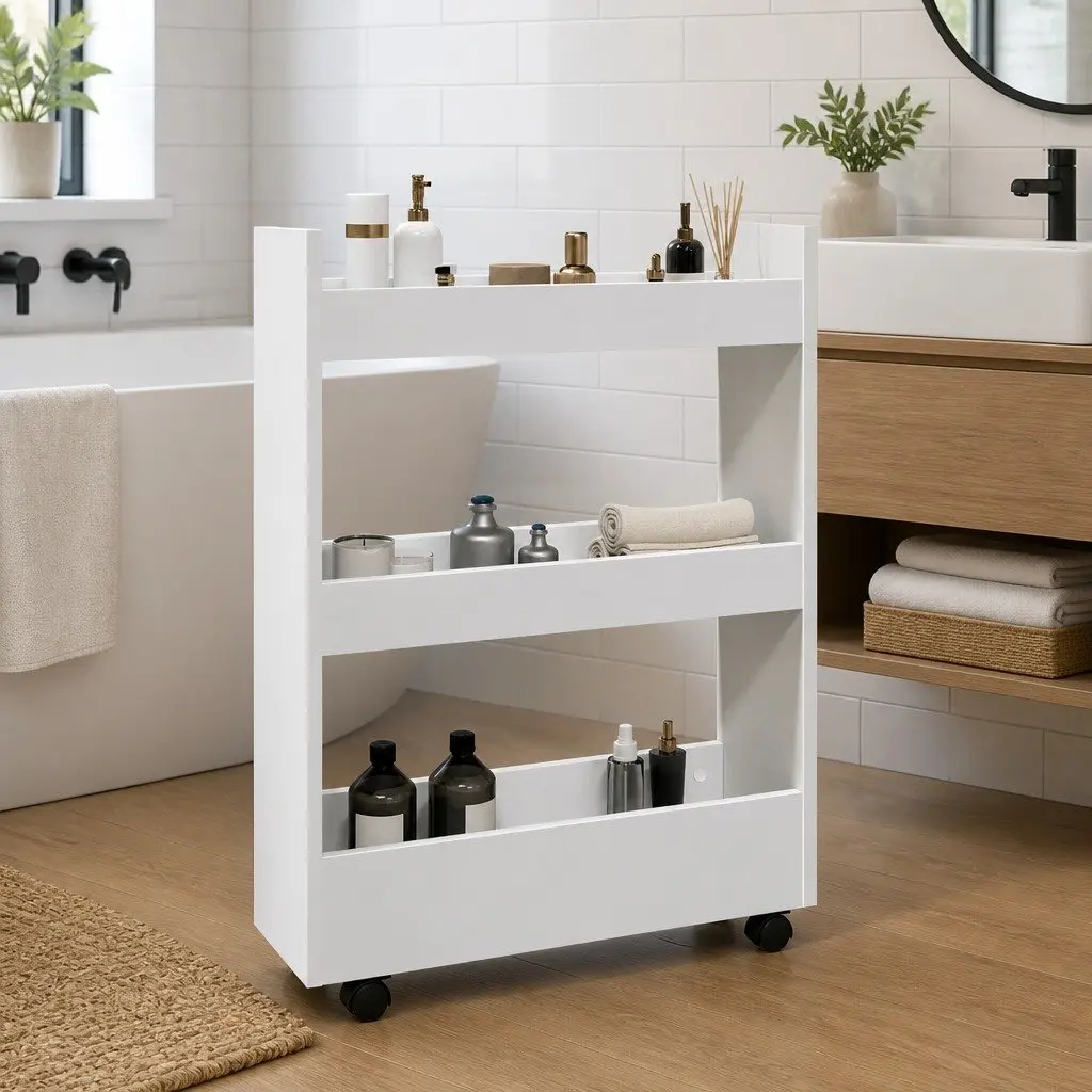Narrow Storage Trolley 3 Tier Organiser White Rolling Cart Kitchen Bathroom
