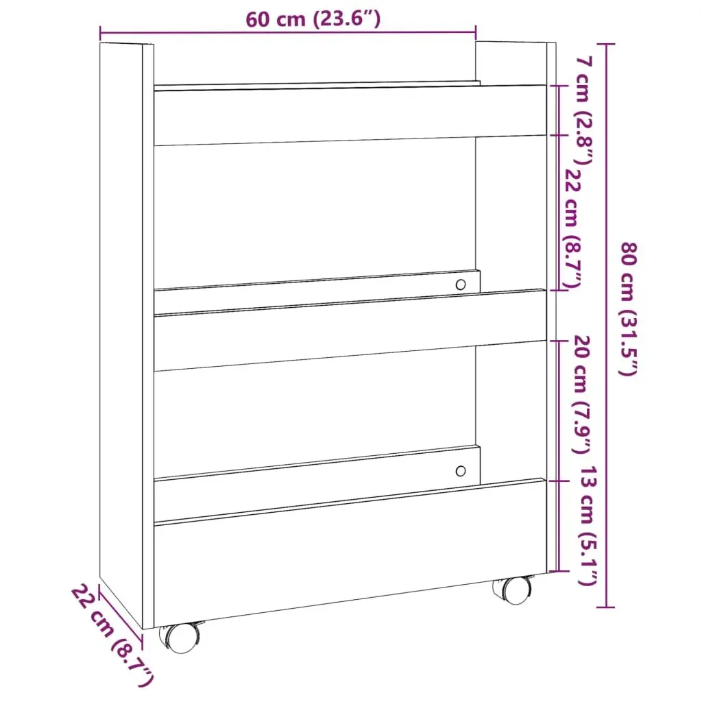 Narrow Storage Trolley 3 Tier Organiser White Rolling Cart Kitchen Bathroom