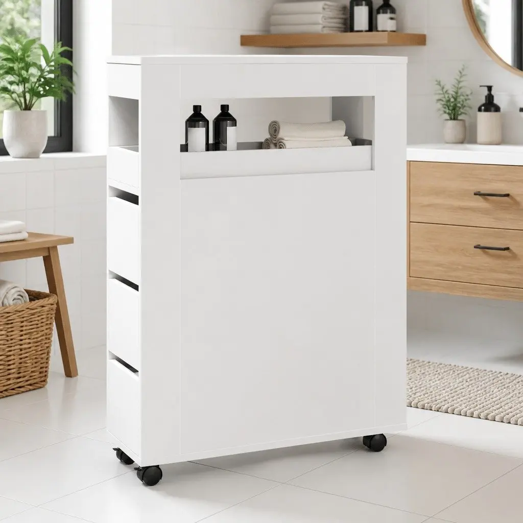 Narrow Bathroom Storage Cabinet Organiser White Engineered Wood with Wheels
